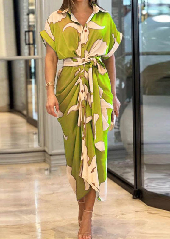 Cotton Summer Yellow Tie Novelty Dress Print Waist Shirts