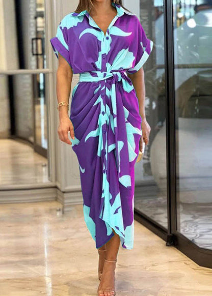 Cotton Summer Yellow Tie Novelty Dress Print Waist Shirts