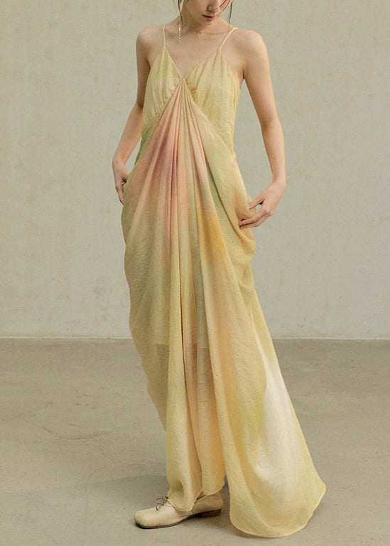 Dye Cotton Strap Novelty Spaghetti Dress Wrinkled Yellow Tie