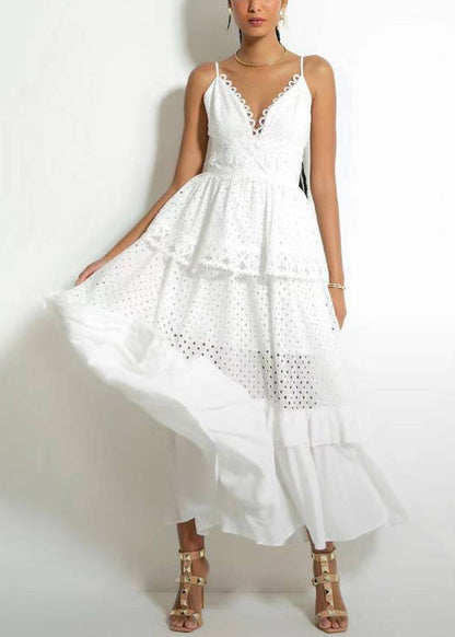 Novelty Yellow V Neck Hollow Out Cotton Spaghetti Strap Dress Sleeveless WW1053