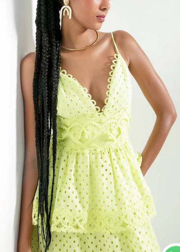 Novelty Yellow V Neck Hollow Out Cotton Spaghetti Strap Dress Sleeveless WW1053