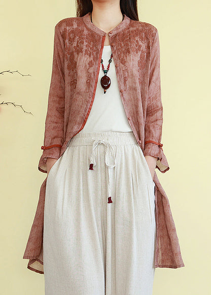 Linen O-Neck Shirts Loose Button Fall Orange