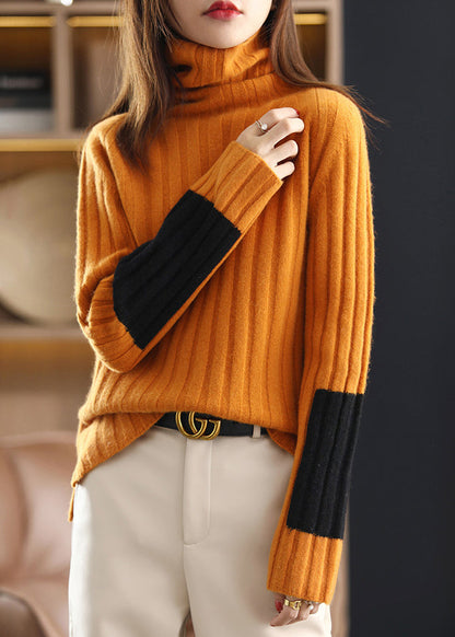 Orange Cozy Patchwork Woolen Sweater Turtleneck Spring TF036