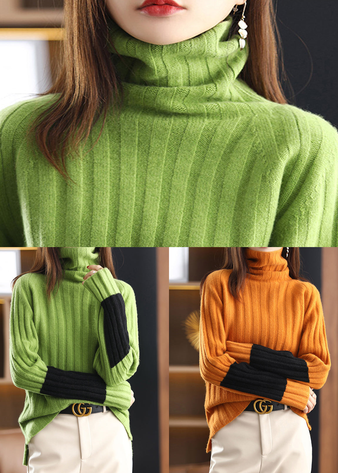 Orange Cozy Patchwork Woolen Sweater Turtleneck Spring TF036