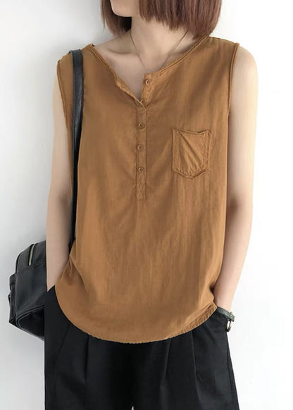Pocket Tops Linen Orange Sleeveless O-Neck