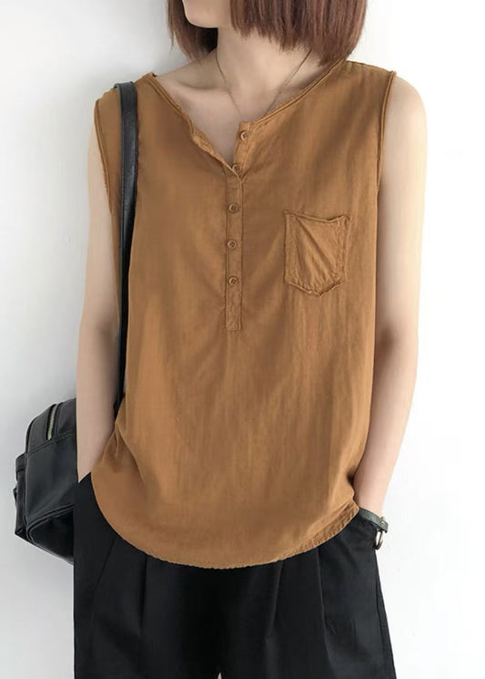Pocket Tops Linen Orange Sleeveless O-Neck