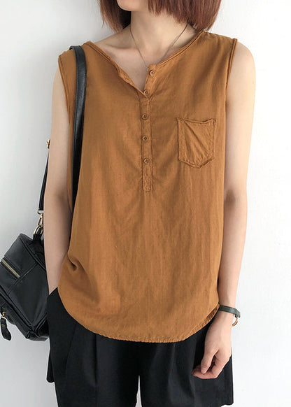Pocket Tops Linen Orange Sleeveless O-Neck