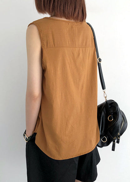 Pocket Tops Linen Orange Sleeveless O-Neck