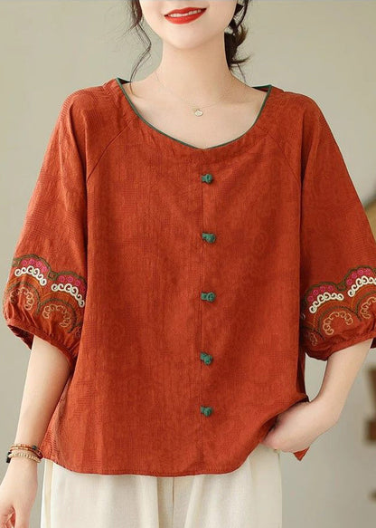 Summer Button Orange Loose Top O-Neck