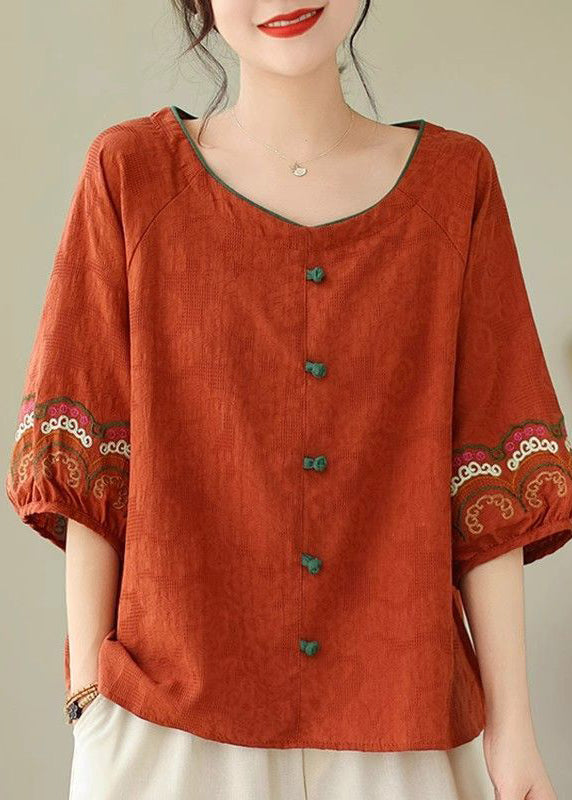 Summer Button Orange Loose Top O-Neck