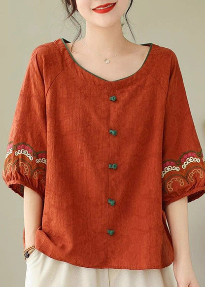 Summer Button Orange Loose Top O-Neck
