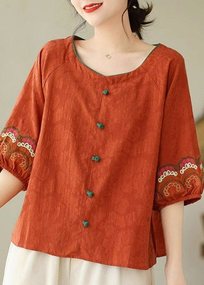 Summer Button Orange Loose Top O-Neck