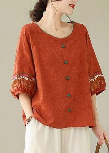 Summer Button Orange Loose Top O-Neck