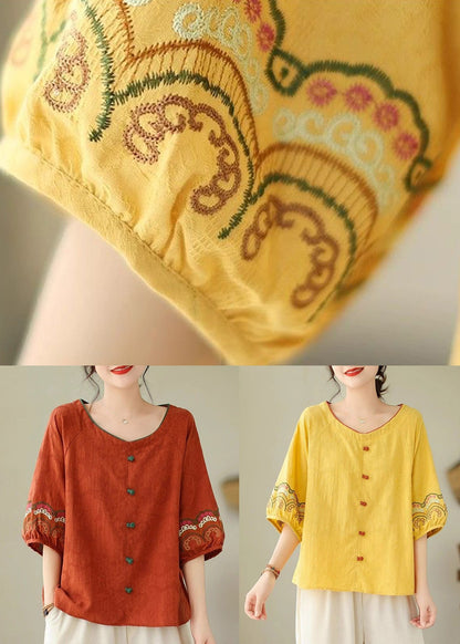 Summer Button Orange Loose Top O-Neck