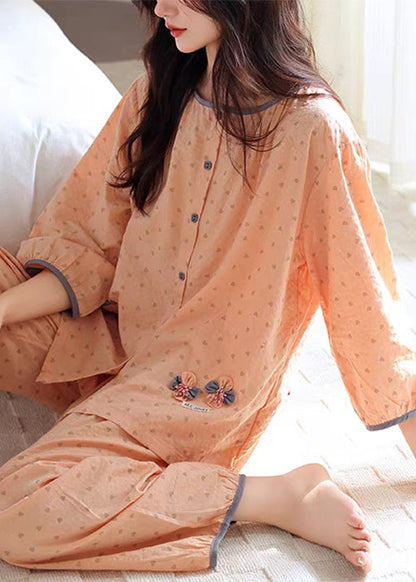 O Pieces Cotton Pajamas Orange Set Two Fall Patchwork Pockets