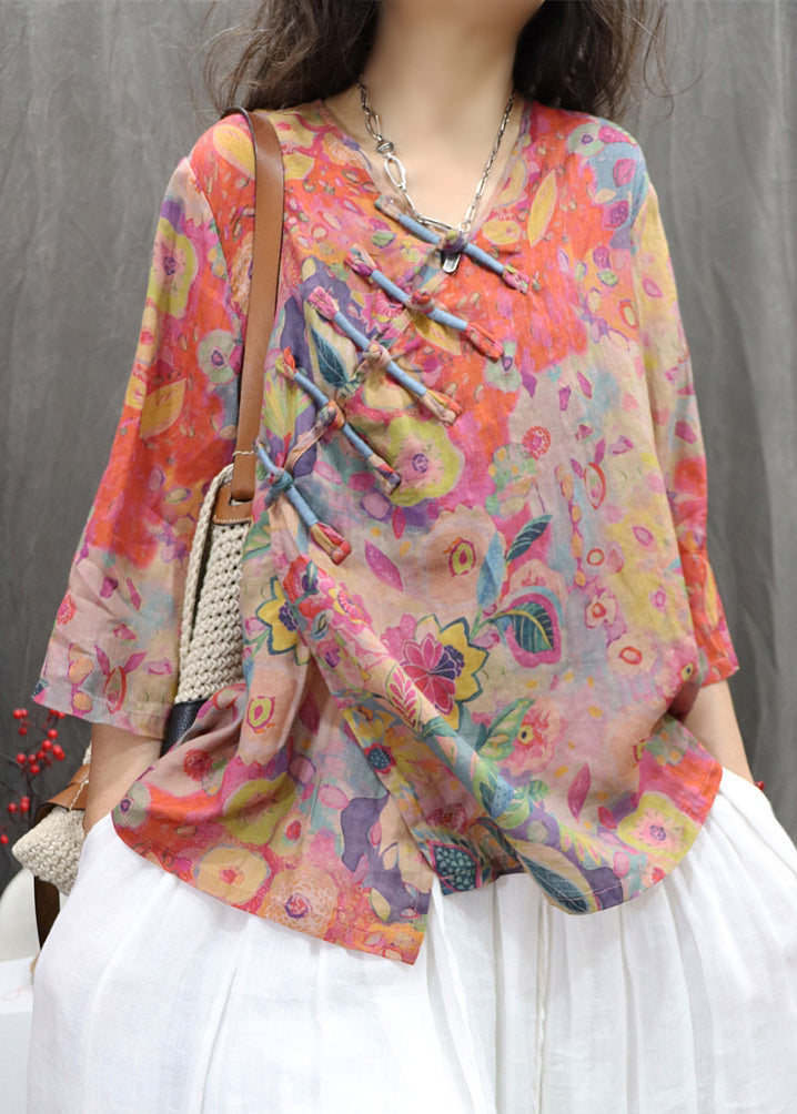 Bracelet Sleeve Orange Linen Button Print Neck V Blouse