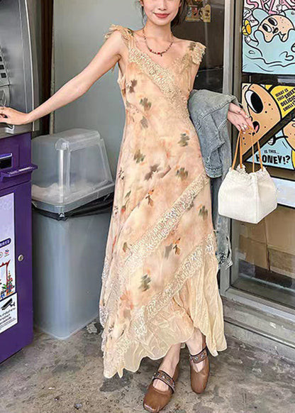 Print Dress Patchwork Long Cotton Lace Neck Orange V Summer