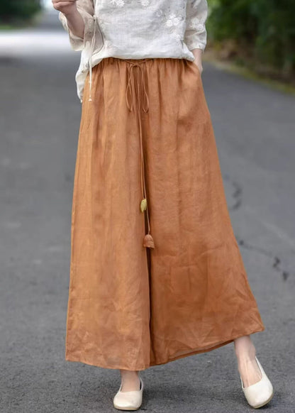 Solid Elastic Cotton Orange Pants Pockets Crop Summer Waist