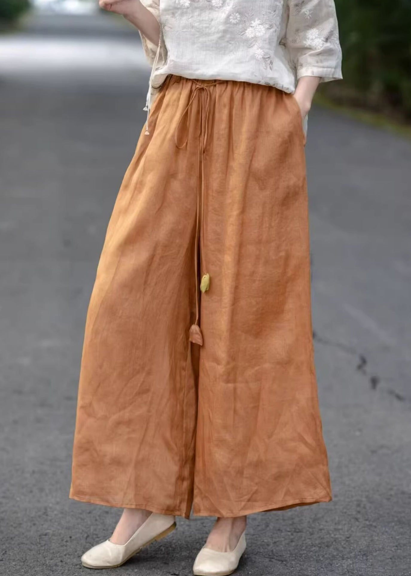 Solid Elastic Cotton Orange Pants Pockets Crop Summer Waist