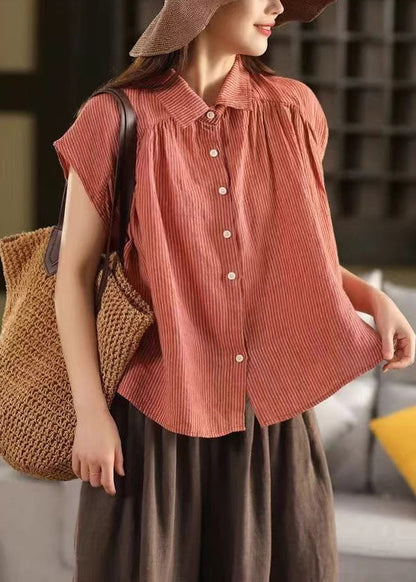 Summer Pan Blouses Collar Striped Button Orange Linen Peter
