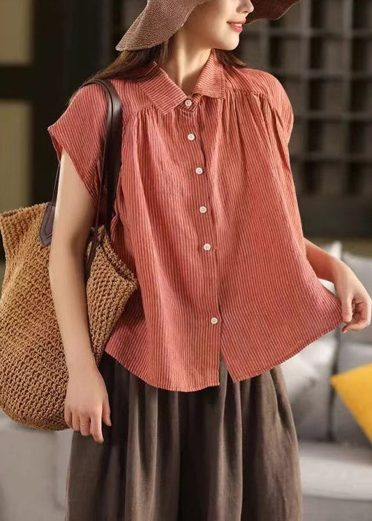 Summer Pan Blouses Collar Striped Button Orange Linen Peter