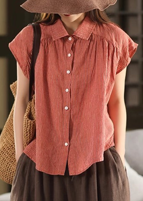 Summer Pan Blouses Collar Striped Button Orange Linen Peter