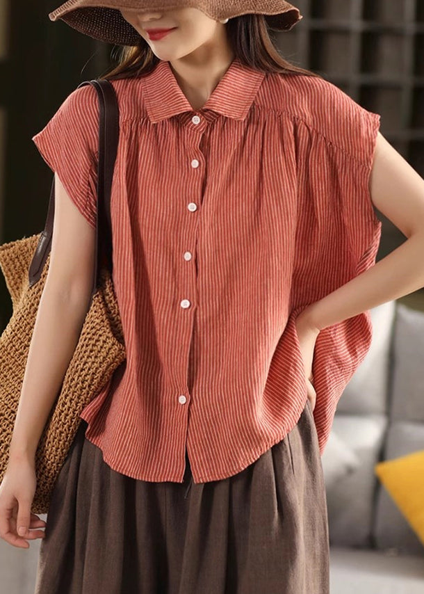 Summer Pan Blouses Collar Striped Button Orange Linen Peter