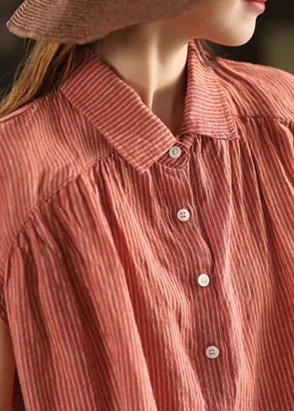 Summer Pan Blouses Collar Striped Button Orange Linen Peter