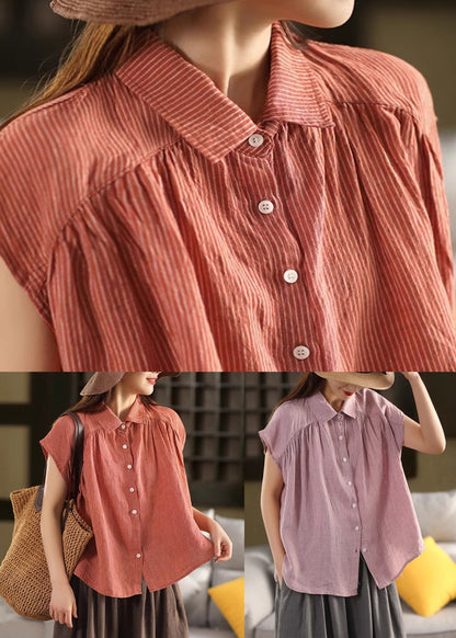 Summer Pan Blouses Collar Striped Button Orange Linen Peter