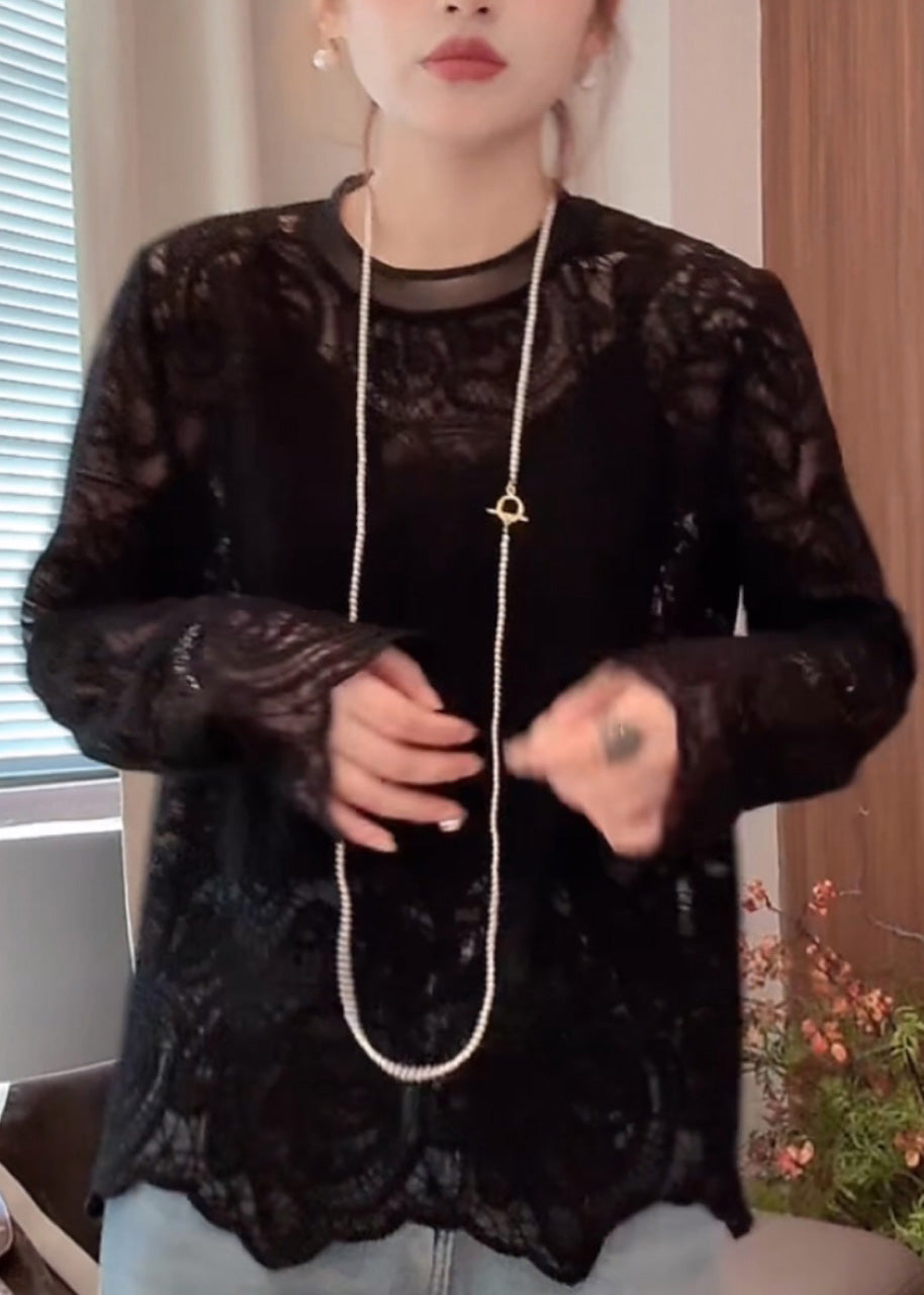 O-Neck Out Lace Hollow Beige Shirt T Spring Organic