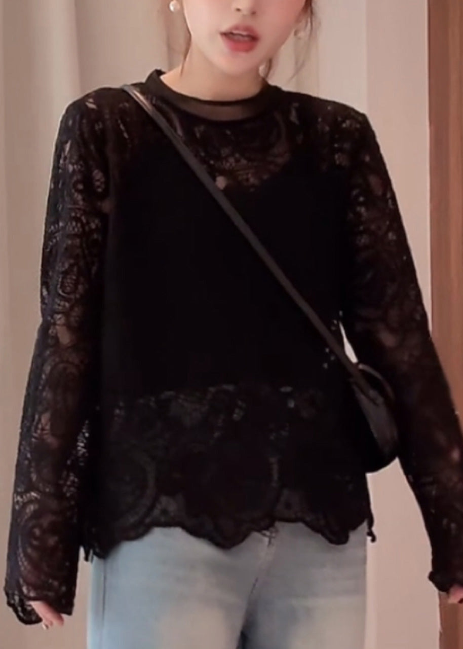 O-Neck Out Lace Hollow Beige Shirt T Spring Organic