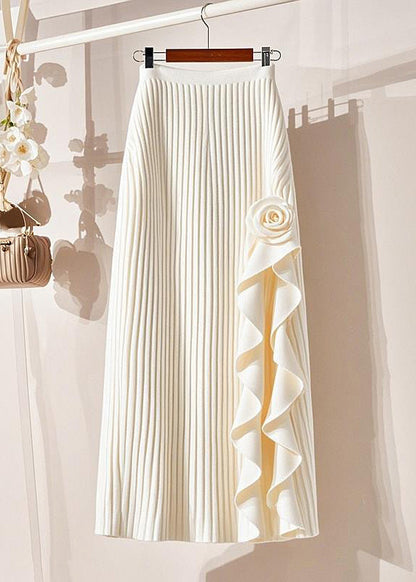 Organic Beige Striped Patchwork Floral Knit Maxi Skirt Spring YJ004