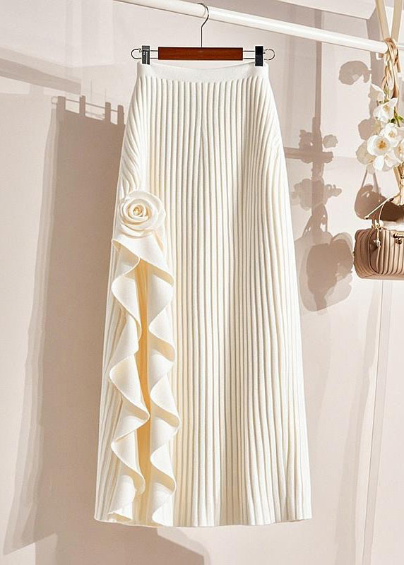 Organic Beige Striped Patchwork Floral Knit Maxi Skirt Spring YJ004