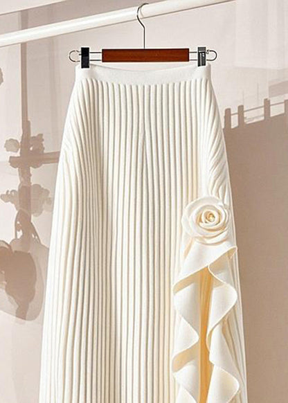Organic Beige Striped Patchwork Floral Knit Maxi Skirt Spring YJ004
