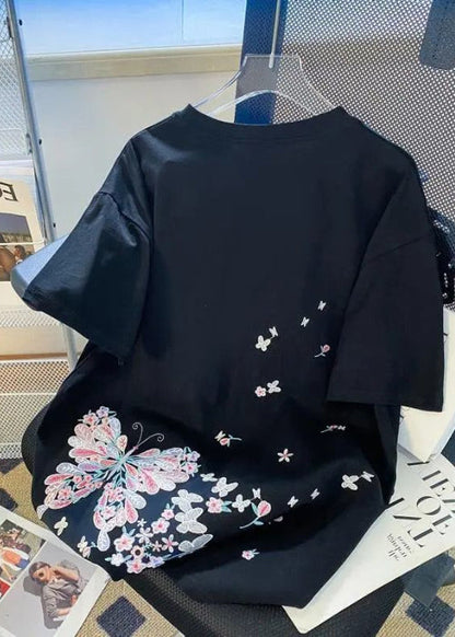 Shirts T Butterfly Organic Black Embroideried Men Summer Cotton