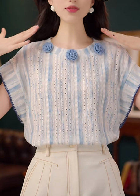 Tanks Summer Out Blue Cotton Organic Hollow Floral Decorated