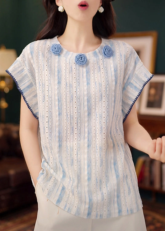 Tanks Summer Out Blue Cotton Organic Hollow Floral Decorated