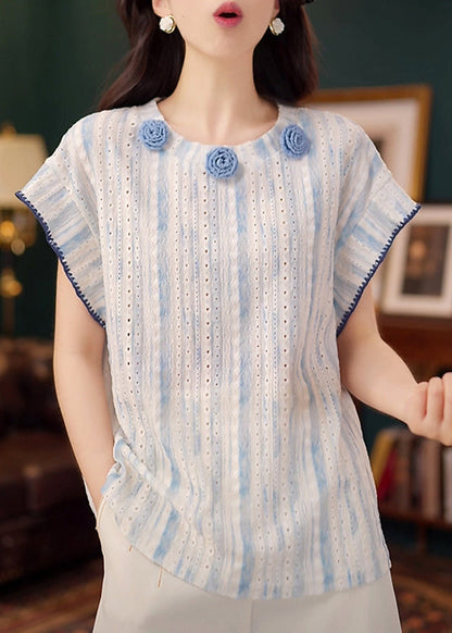 Tanks Summer Out Blue Cotton Organic Hollow Floral Decorated