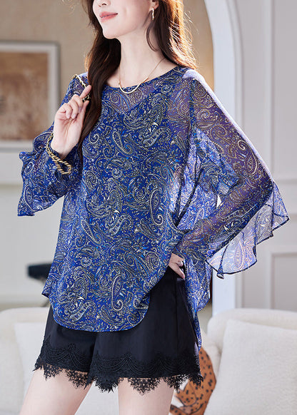 Summer Ruffled Patchwork Organic Blue Blouses Chiffon Print
