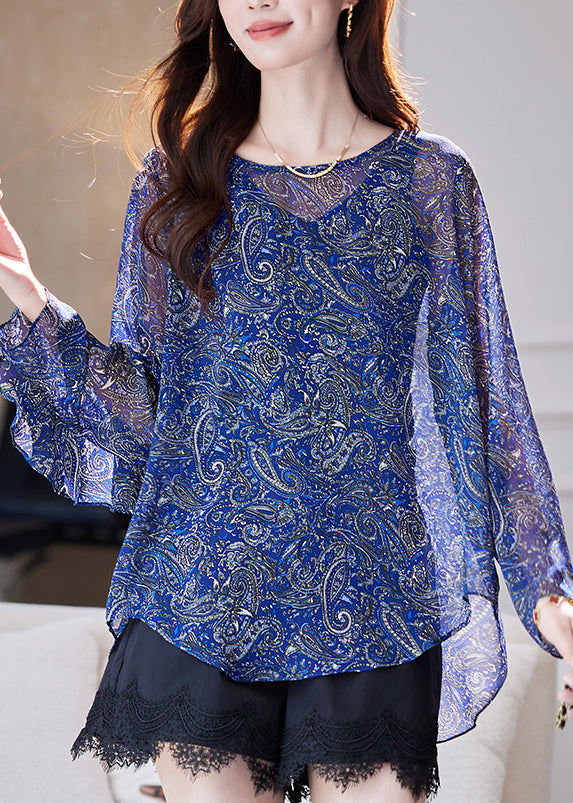 Summer Ruffled Patchwork Organic Blue Blouses Chiffon Print