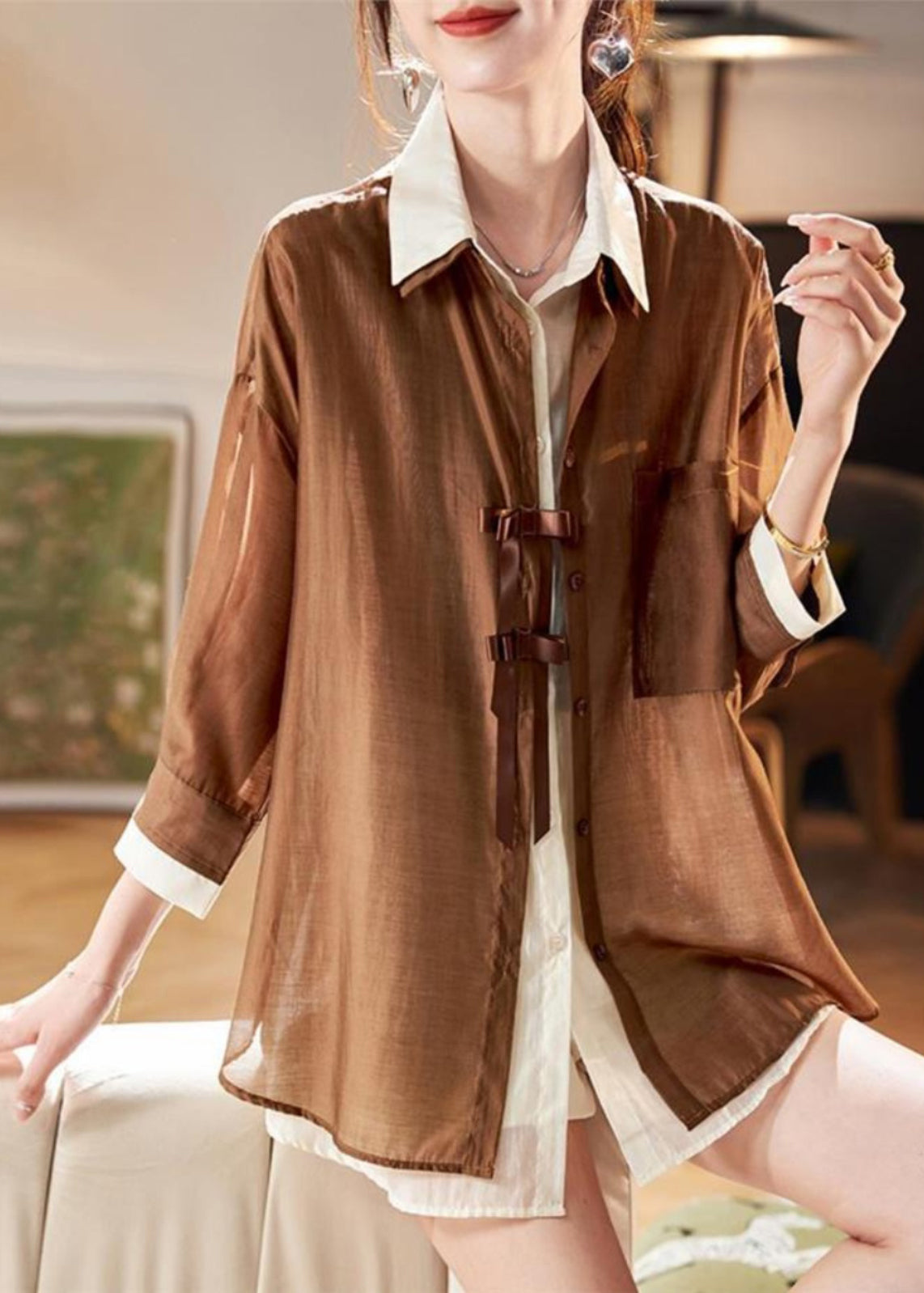 Two Shirt Pieces Fake Patchwork Organic Chiffon Spring Coffee