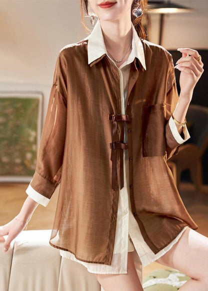 Two Shirt Pieces Fake Patchwork Organic Chiffon Spring Coffee