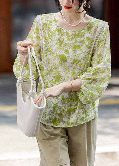 Organic Fluorescent Green O-Neck Patchwork Chiffon Shirts Fall WW018