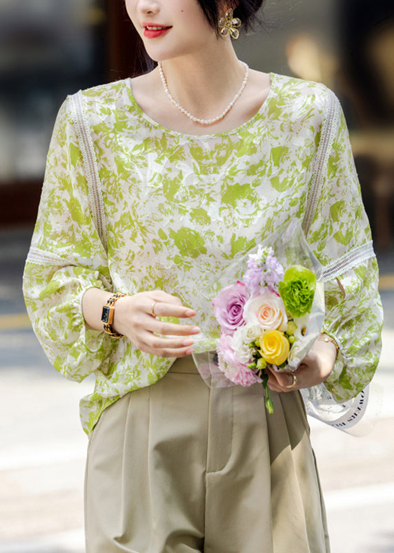 Organic Fluorescent Green O-Neck Patchwork Chiffon Shirts Fall WW018