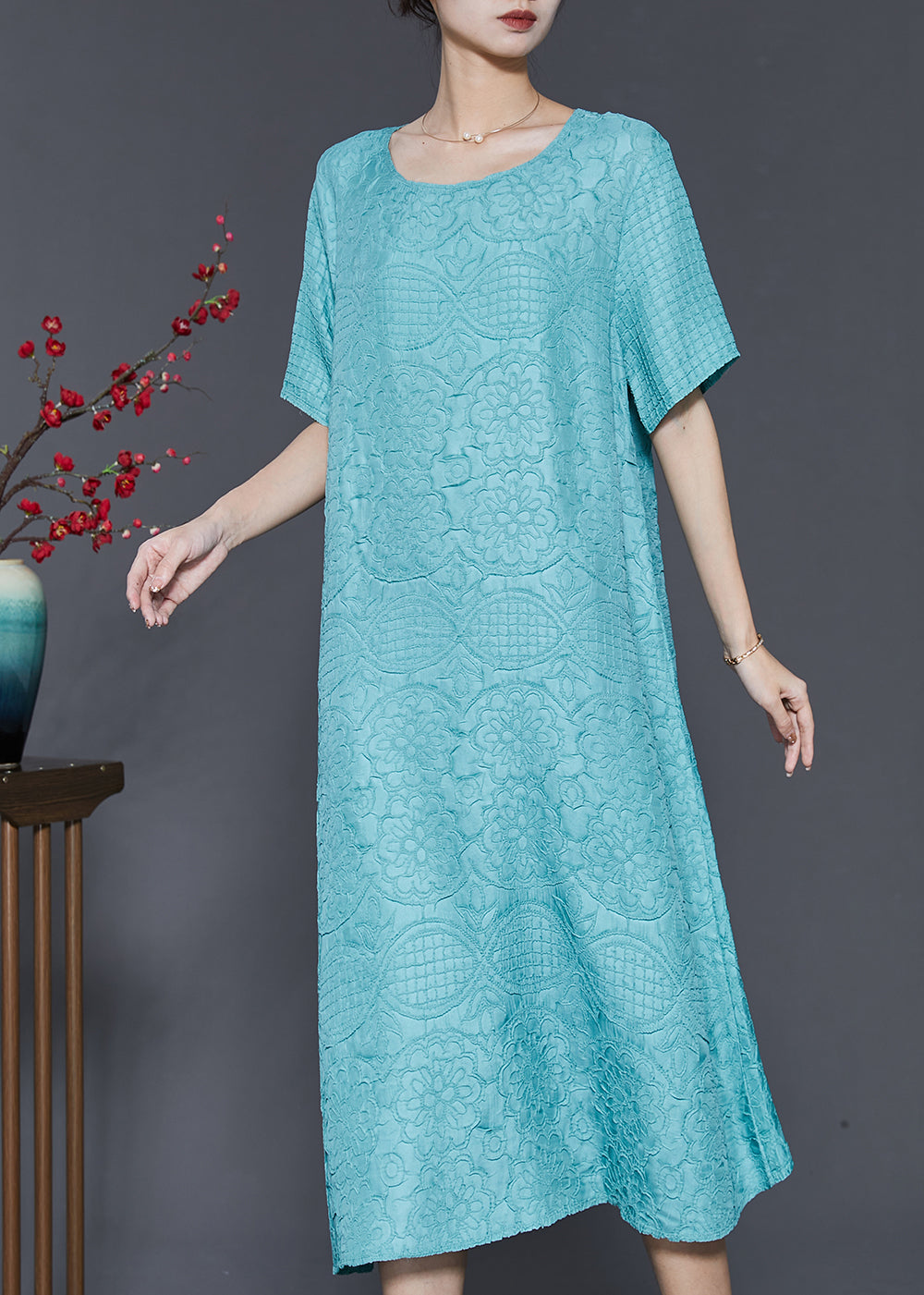 Organic Lake Blue Oversized Jacquard Cotton Holiday Dress Summer SD1064