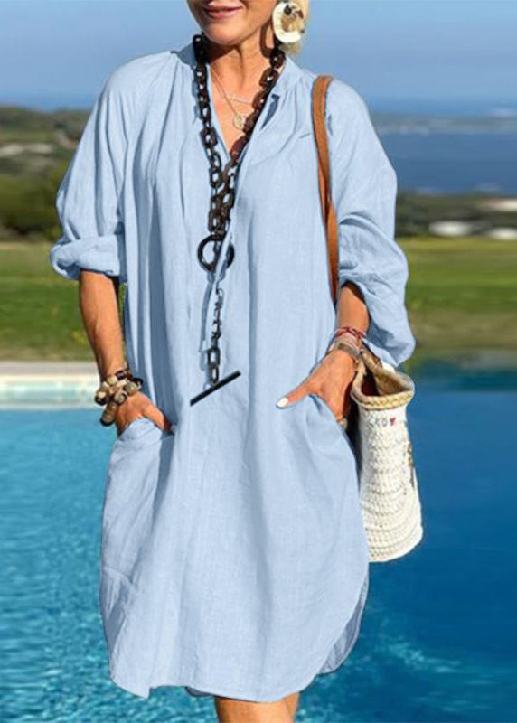 V Mid Dresses Blue Vacation Organic Patchwork Light Pockets Neck