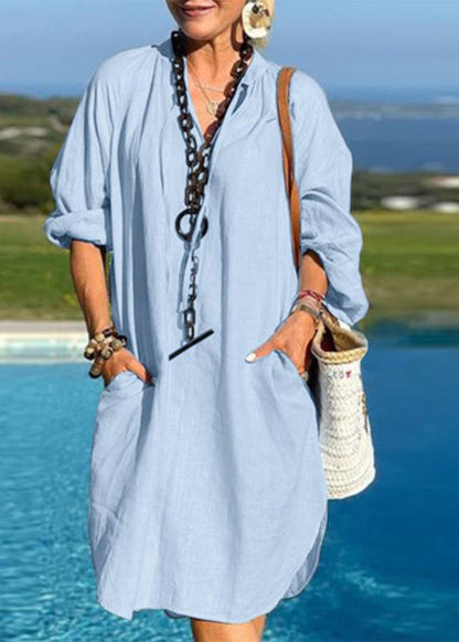 V Mid Dresses Blue Vacation Organic Patchwork Light Pockets Neck