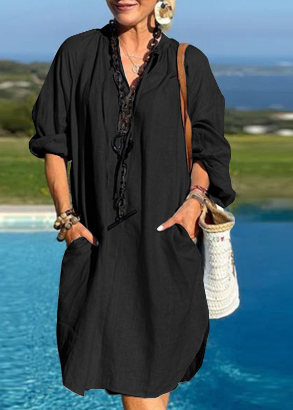 V Mid Dresses Blue Vacation Organic Patchwork Light Pockets Neck