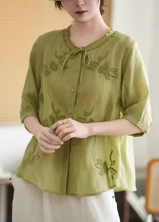 Summer Pink Organic Tops Tie Embroidered Linen Neck