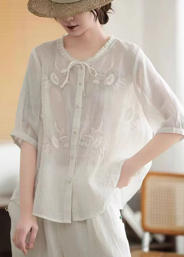 Summer Pink Organic Tops Tie Embroidered Linen Neck